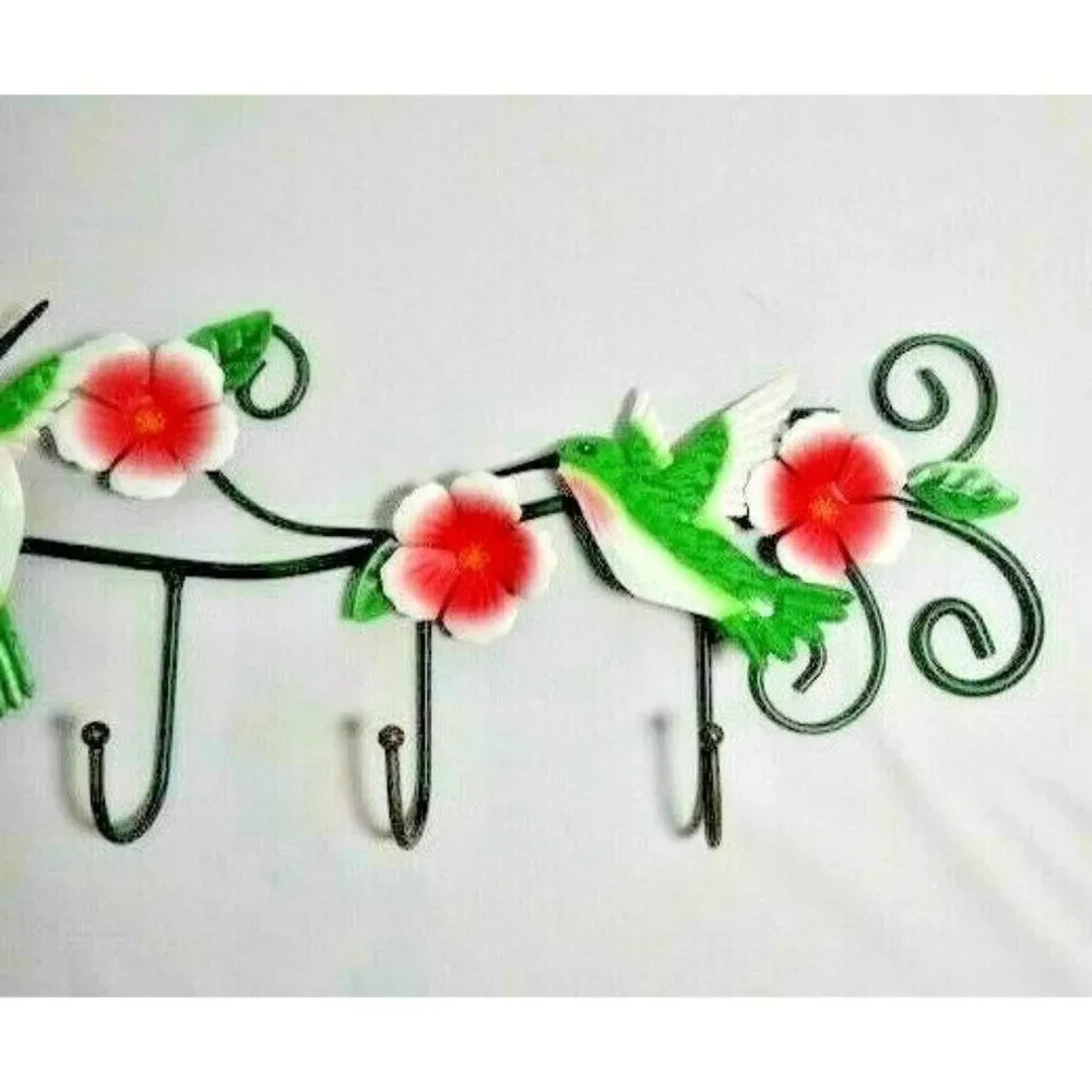Hummingbird Garden Metal Wall Art Scroll Vine Hand Painted Flowers 4-Hooks NEW